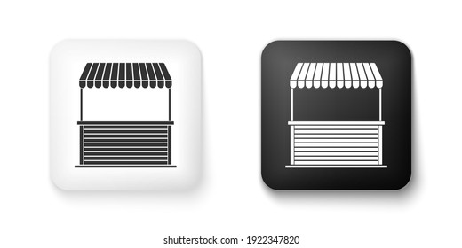 Black and white Street stall with awning and wooden rack icon isolated on white background. Kiosk with wooden rack. Square button. Vector.