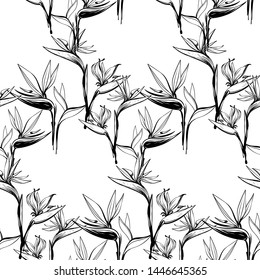 Black and white strelitzia flowers seamless pattern background. Tropical wallpaper collection.