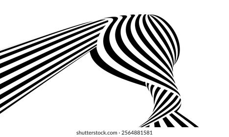 Black and White Stripe. Abstract Seamless Liquid Ribbon for Promos, Banners, Posters, Social Media, Cards, Covers. Optical Geometric Op Art Illusion in 80s-90s Style. Vector illustration.