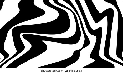 Black and White Stripe. Abstract Seamless Liquid Ribbon for Promos, Banners, Posters, Social Media, Cards, Covers. Optical Geometric Op Art Illusion in 80s-90s Style. Vector illustration.