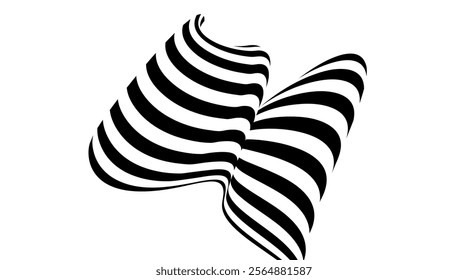 Black and White Stripe. Abstract Seamless Liquid Ribbon for Promos, Banners, Posters, Social Media, Cards, Covers. Optical Geometric Op Art Illusion in 80s-90s Style. Vector illustration.
