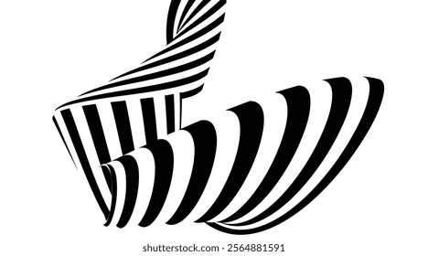 Black and White Stripe. Abstract Seamless Liquid Ribbon for Promos, Banners, Posters, Social Media, Cards, Covers. Optical Geometric Op Art Illusion in 80s-90s Style. Vector illustration.