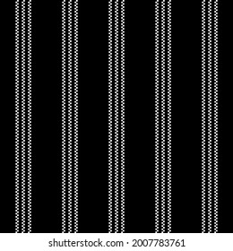 Black white stripe pattern. Triple line vertical pixel stripes graphic for dress, skirt, trousers, shirt, blouse, other modern spring summer autumn winter fashion fabric print. Dark background vector.