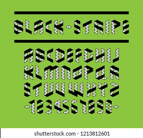 Black and white stripe uppercase geometric triangle font design, low polygon English alphabet character and number, delta graphic flag capital typography.