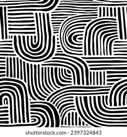 Black and white striped arched shapes in black and white seamless pattern. Freehand vector texture for contemporary art, wallpaper, wall decor, interior, mural, home textile, bedding, package, fabric.