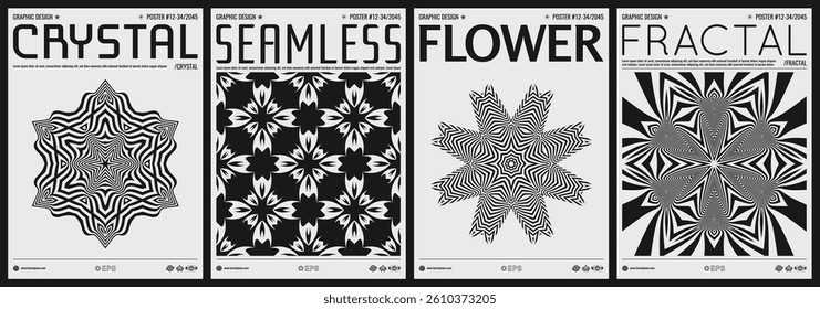 Black and white striped background. Abstract design element. Optical art. Snowflake or flower. Cover design template. Vector illustration for brochure, poster, cover, presentation, flyer or banner.