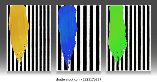 Black and white striped background with bright color strokes. Stripes vector template, color contrast. Modern poster, geometric abstract pattern, impact background.