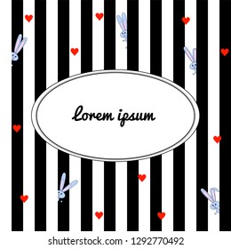 Black and white striped background with cartoon gray rabbits and red hearts. With place for congratulations, inscriptions.