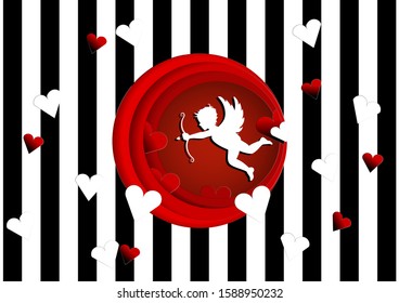 black and white striped background with little Cupid flying in red 3d circles  spreading love all around. eps 10