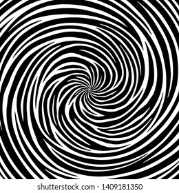 Black and white striped background. Optical illusion of rotation. Op art. Texture lines with distortion, deformation effect. Abstract monochrome pattern. Wave design. Zebra print. Vector illustration 