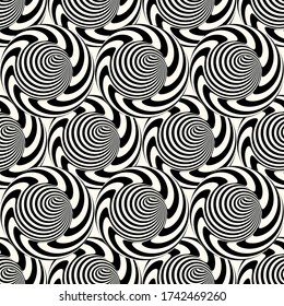 Schwarzweißhintergrund mit Streifen. Nahtloses Muster mit optischer Illusion. Einfaches Grafikdesign. 3d Vektorgrafik. 