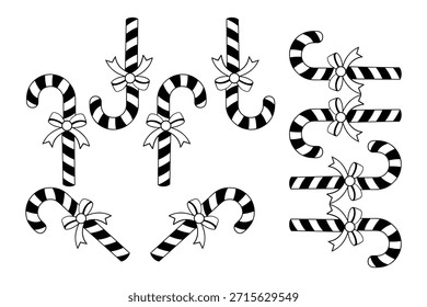 Black and white striped candy canes with ribbons in various positions, vector art illustration design template isolated on a white background.
