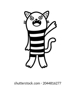 Black and white striped cat isolated on the white background. Funny pet in doodle style. Vector illustration.