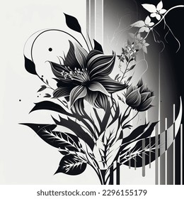 Black and White Striped Floral Tropical Vector Pattern Background Illustration With Shades. Blossom Hand Drawn Flowers, Leaves, Branches. Vertical Lines, Stripes. Beautiful Decorative Modern Design.