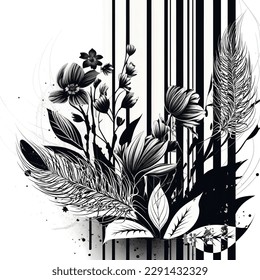 Black and white striped floral vector pattern background illustration. Blossom exotic flowers, leaves, branches, feathers, splatters. Vertical stripes. Artistic creative trendy decorative design.