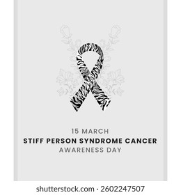 Black and white striped with flower and white background awareness graphic for International Stiff person syndrome Cancer Awareness day