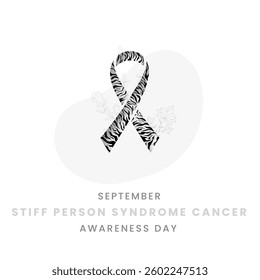 Black and white striped with flower and white background awareness graphic for International Stiff person syndrome Cancer Awareness Month