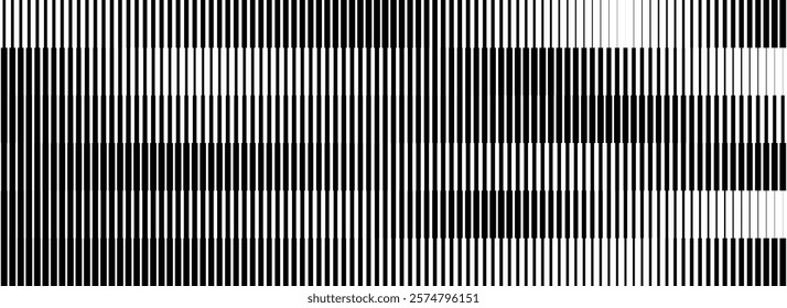 Black and white striped halftone gradient. Fading line gradation background. Repeating linear pattern backdrop. Parallel lines wallpaper for overlay, print, cover. Vector Doppler effect strip concept