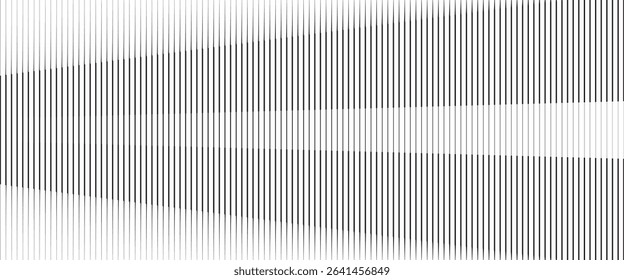 Black and white striped halftone gradient. Fading line gradation background. Repeating strip pattern backdrop. Parallel lines wallpaper for overlay, print, cover. Vector Doppler effect concept
