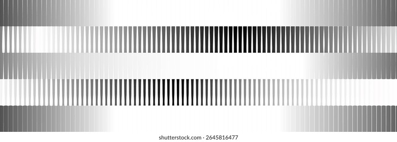 Black and white striped halftone gradient. Fading line gradation background. Repeating strip pattern backdrop. Parallel lines wallpaper for overlay, print, cover. Vector Doppler effect concept