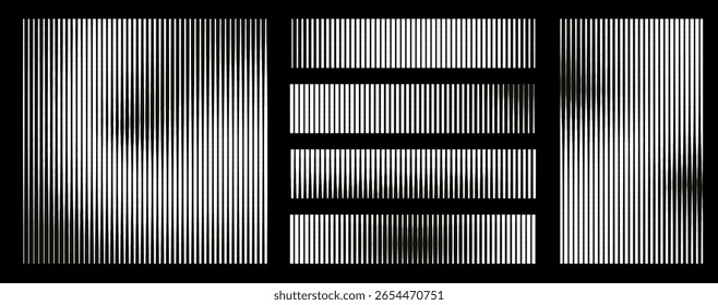 Conjunto de fondo degradado de semitono rayado blanco y negro. Trazo de gradación lineal de desvanecimiento. Líneas paralelas. Plantillas de diseño de Vector para superponer textura, impresión, cubierta.

