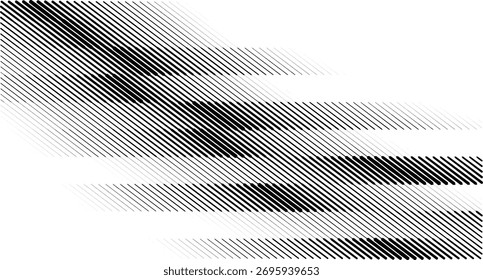 Schwarzweiß gestreifter Halbtongradient. Abklingender linearer Abstufungshintergrund. Hintergrund des sich wiederholenden Streifenmusters. Parallele Linien Tapete für Overlay, Druck, Abdeckung. Konzept des Vektorpulsationseffekts