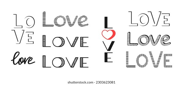 Black and white striped inscriptions love isolated on a white background. Different decorative words. Love concept. Vector set for poster, greeting card, Valentine's day, wedding and print for t-shirt