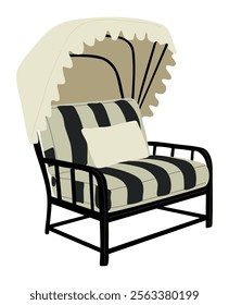 Black and white striped outdoor chair with a white canopy. Porch zone, garden, patio furniture. Interior, landscape design element. Vector flat illustration isolated on white background.