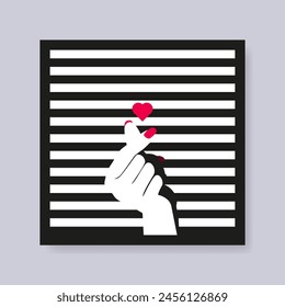 black and white striped poster, with images of fingers in Korean love gestures (saranghae).