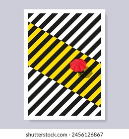 black and white striped poster, with a picture of a person using a red umbrella crossing the road.