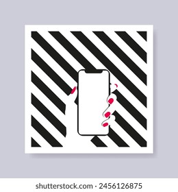 black and white striped poster, with a picture of a girl's fingers and red nails holding a smartphone.