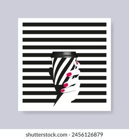 black and white striped poster, with a picture of a girl's hand with curly fingers and red nails holding a cup of coffee.
