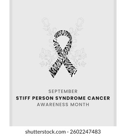 A Black and white striped ribbon, the symbol of International Stiff person syndrome Cancer Awareness day, displayed on a silver shield with a floral background