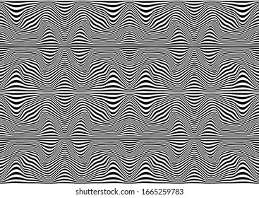 Black and white striped seamless pattern. Abstract wave line art. Op art, optical illusion. Psychedelic background. Modern design, graphic texture.