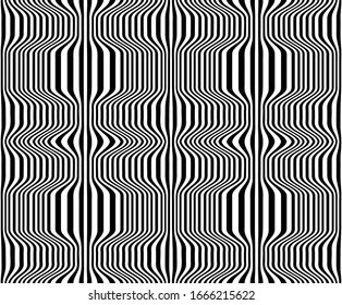 Black and white striped seamless pattern. Abstract wave line art. Op art, optical illusion. Psychedelic background. Modern design, graphic texture.