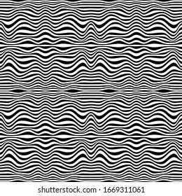 Schwarz-Weiß-Streifen nahtloses Muster. Abstrakte Wave Line Art. Op Art, optische Täuschung. Psychedelischer Hintergrund. Modernes Design, grafische Struktur.