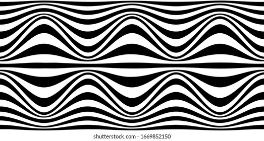 Black and white striped seamless pattern. Abstract wave line art. Op art, optical illusion. Psychedelic background. Modern design, graphic texture.