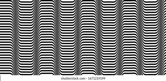 Black and white striped seamless pattern. Abstract wave line art. Op art, optical illusion. Psychedelic background. Modern design, graphic texture.