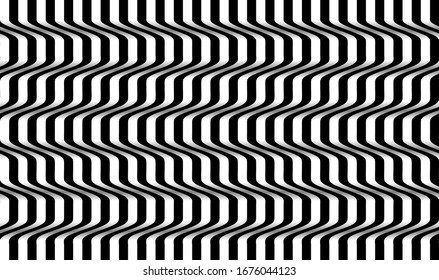 Black and white striped seamless pattern. Abstract wave line art. Op art, optical illusion. Psychedelic background. Modern design, graphic texture.