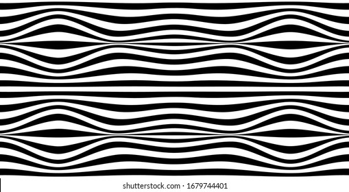 Black and white striped seamless pattern. Abstract wave line art. Op art, optical illusion. Psychedelic background. Modern design, graphic texture.