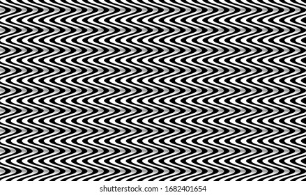 Black and white striped seamless pattern. Abstract wave line art. Op art, optical illusion. Psychedelic background. Modern design, graphic texture.