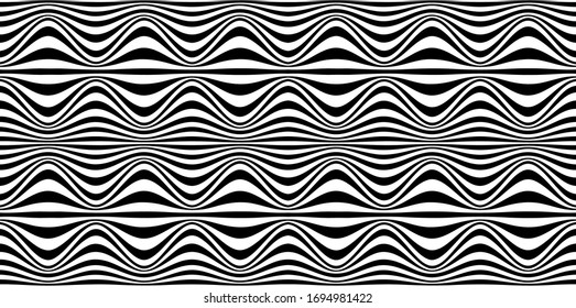 Black and white striped seamless pattern. Abstract wave line art. Op art, optical illusion. Psychedelic background. Modern design, graphic texture.