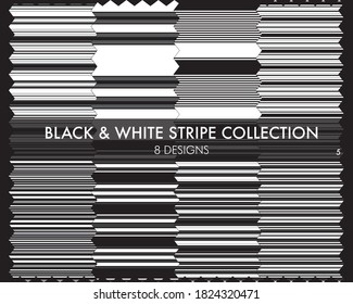 La colección de patrones sin soldadura a rayas en blanco y negro incluye 8 diseños para textiles de moda, gráficos