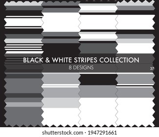 La colección de patrones sin soldadura a rayas en blanco y negro incluye 8 diseños para textiles de moda, gráficos