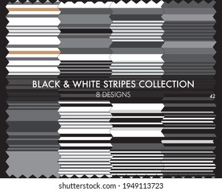 La colección de patrones sin soldadura a rayas en blanco y negro incluye 8 diseños para textiles de moda, gráficos