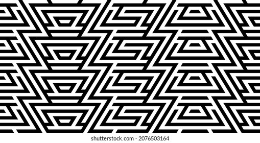 Black white striped seamless pattern. Abstract geometric background. Maze, labyrinth ornament. Op art, optical illusion. Vector texture.