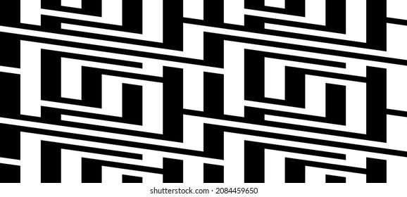 Black white striped seamless pattern. Abstract geometric background. Maze, labyrinth ornament. Op art, optical illusion. Vector texture.