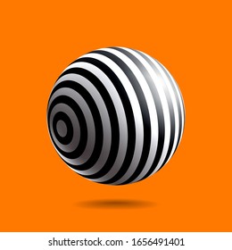 Black and white striped sphere with realistic light and shadow. Abstract 3D vector object.