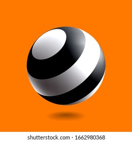 Black and white striped sphere with realistic light and shadow. Abstract 3D vector object.