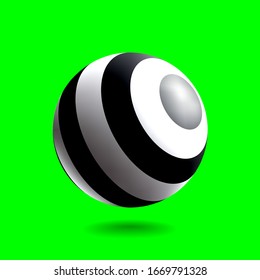 Black and white striped sphere with realistic light and shadow. Abstract 3D vector object.
